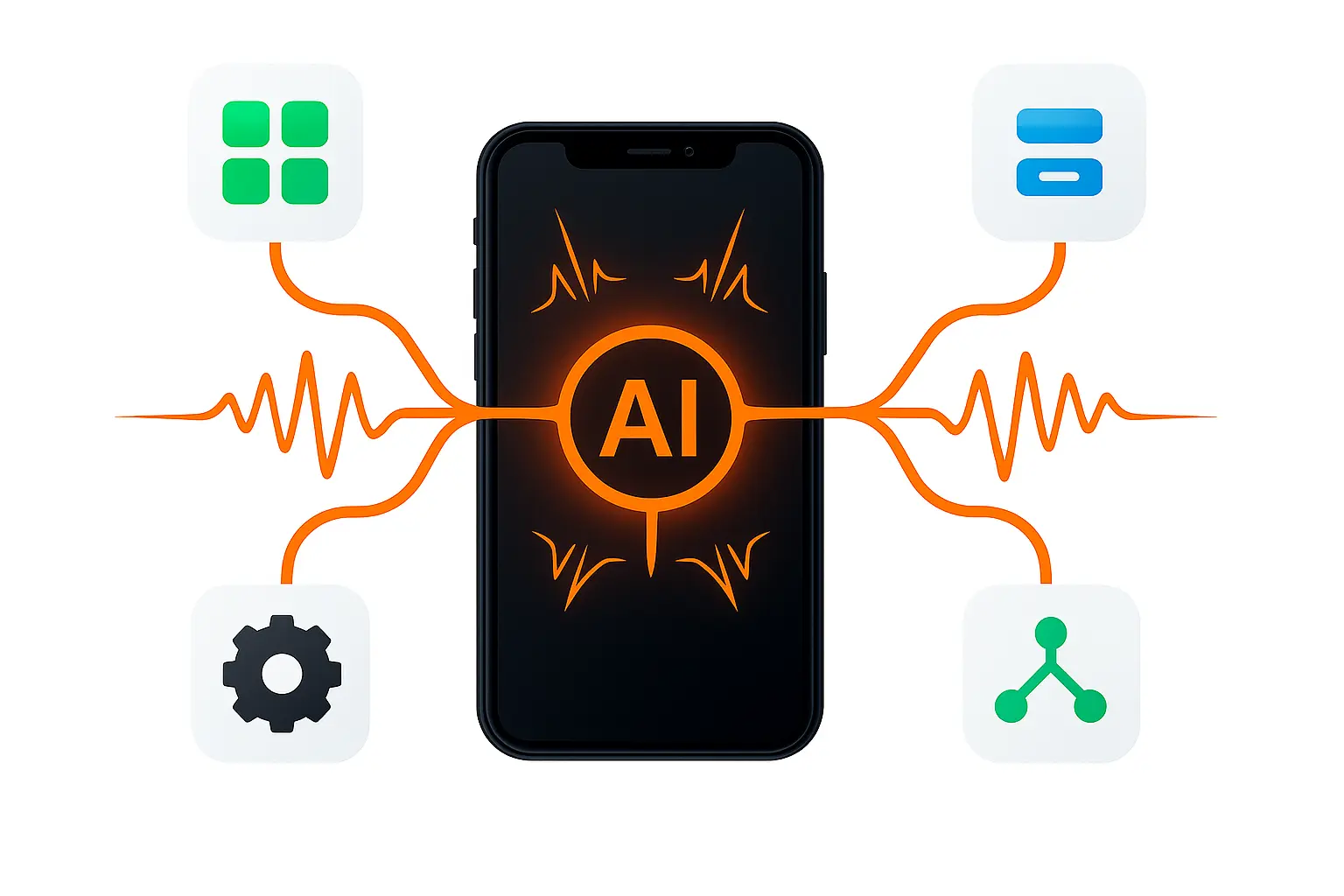 Illustrazione che rappresenta le integrazioni con AI vocali: uno smartphone centrale connesso a sistemi aziendali come CRM, gestionali e calendari.