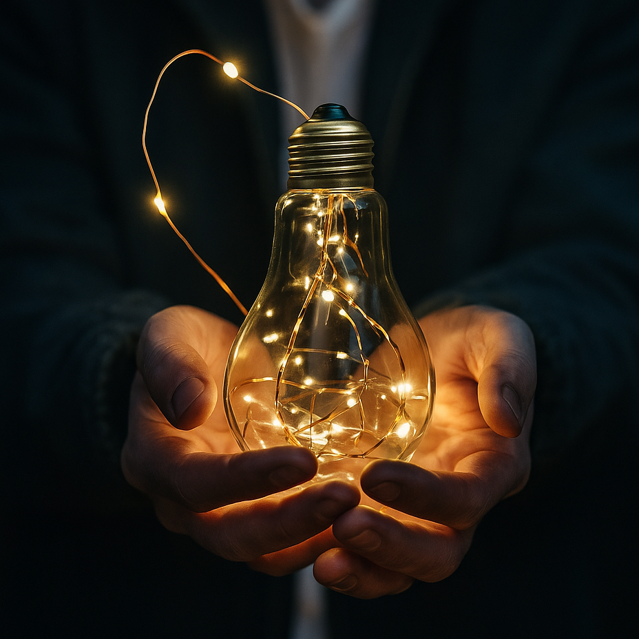 Mani che tengono una lampadina accesa – simbolo di idee e innovazione. Contattaci per scoprire come l’AI vocale può aiutarti.